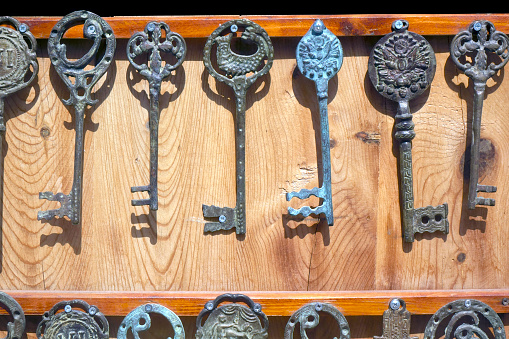Close up group of antique keys in antique store in Aegean Turkey