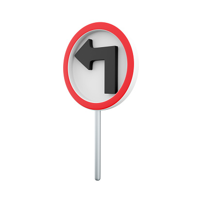 3d render Traffic Sign, Turn left ahead sign on white background. 3d rendering Turn left ahead sign, cartoon icon.