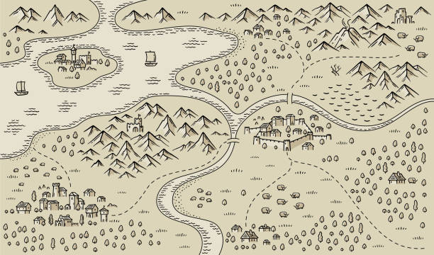 illustrazioni stock, clip art, cartoni animati e icone di tendenza di mappa fantasy medievale. edifici fluviali e di villaggio di montagna. mappa medievale per giochi da tavolo. vettore disegnato a mano. - kingdom