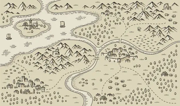 Vector illustration of Medieval fantasy map. Mountain river and village buildings. Middle Ages map for board game. Hand drawn vector.