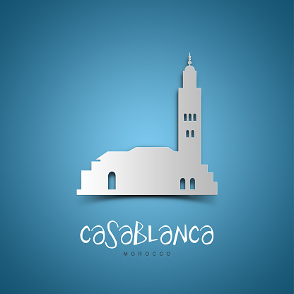 Casablanca, Morocco. Greeting card. Blue background. No people. Copy space. Sample text.