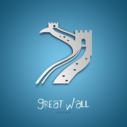 Great Wall, China. Greeting card. Blue background. No people. Copy space. Sample text.