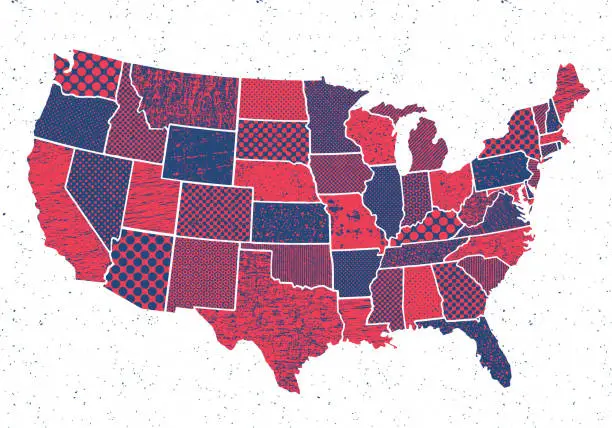 Vector illustration of USA states map with random grunge textures - blue and red