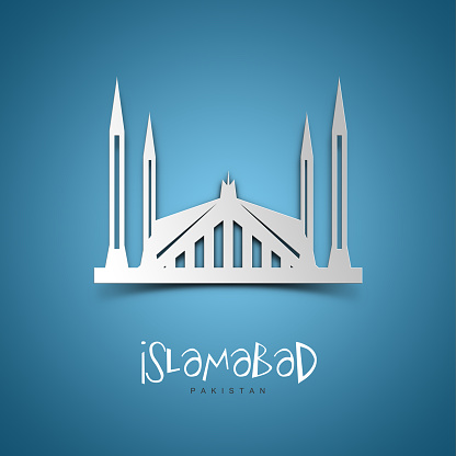Islamabad, Pakistan. Greeting card. Blue background. No people. Copy space. Sample text.