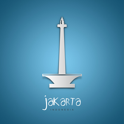 Jakarta, Indonesia. Greeting card. Blue background. No people. Copy space. Sample text.