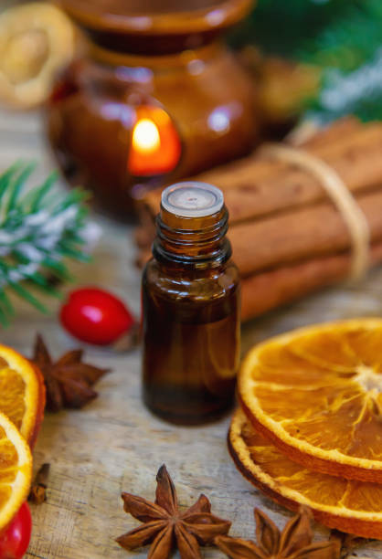 istock Christmas essential oils in small bottles. Selective focus. 1459606924