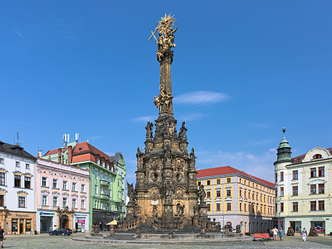 Olomouc, Czech Republic - July 30, 2109: Holy Trinity Column at Upper Square, the biggest Baroque sculptural group in the country. It was built in 1716-1754 to celebrate the ending of the plague of 1713-1715.