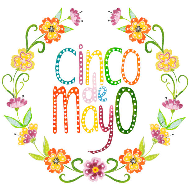 휴일 cinco de mayo (5 월 5 일)를위한 레터링과 식물 수채화 프레임. 밝은 글자는 흰색 배경에 격리되어 있습니다. - mexico mexican culture cinco de mayo art stock illustrations