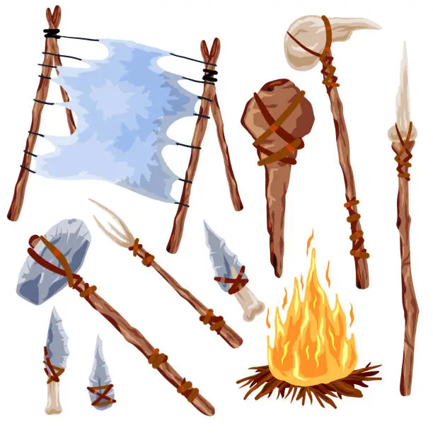 Vector illustration of Prehistoric weapons. Set of caveman tools. Primitive spear and stone axe. Bonefire and Leather. Equipment for hunting. Archaeological and barbaric weapon.