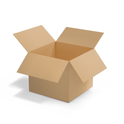 Realistic cardboard open box, side 3d view, with transparent shadow isolated on white. Vector illustration