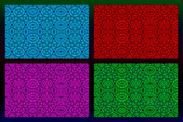 stockillustraties, clipart, cartoons en iconen met 4 ethnic patterns ; blue, red, pink and green colors ; black background ; graphic design ; geometric shapes ; high definition image (hd format), illustration - boubou