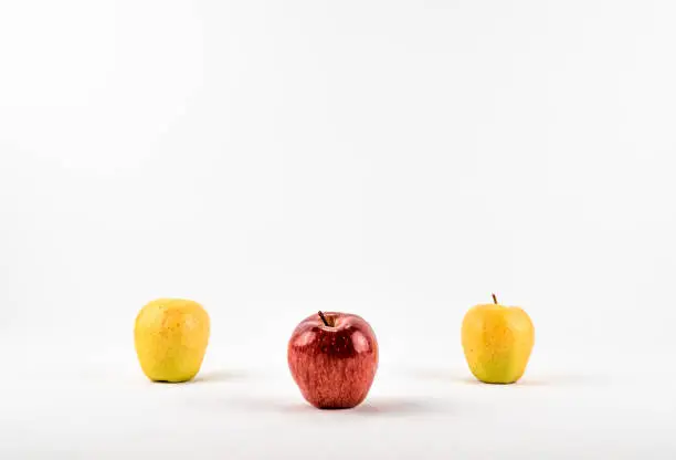 Photo of Fresh ripe red and yellow apples on white background isolated.