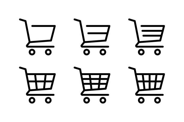 ilustraciones, imágenes clip art, dibujos animados e iconos de stock de conjunto de iconos vectoriales de carrito de compras lineales. símbolo de compra de la tienda de internet. logotipo del carrito de la tienda web - carrito de la compra