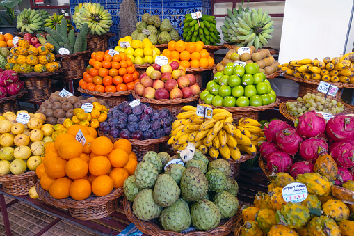 Fresh exotic fruits in Mercado Dos Lavradores in Madeira Island, Portugal.