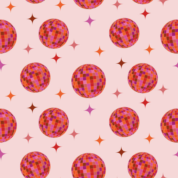 화려한 디스코 공은 밝은 배경에 주황색, 분홍색 및 갈색의 별이 있는 매끄러운 패턴입니다. - disco mirror ball illustrations stock illustrations
