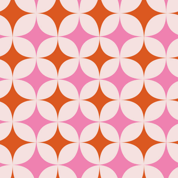 ベージュの背景にミッドセンチュリーモダンスターバーストシームレスなパターンとピンクとオレンジ。 - wallpaper pattern wallpaper 1950s style ornate点のイラスト素材／クリップアート素材／マンガ素材／アイコン素材