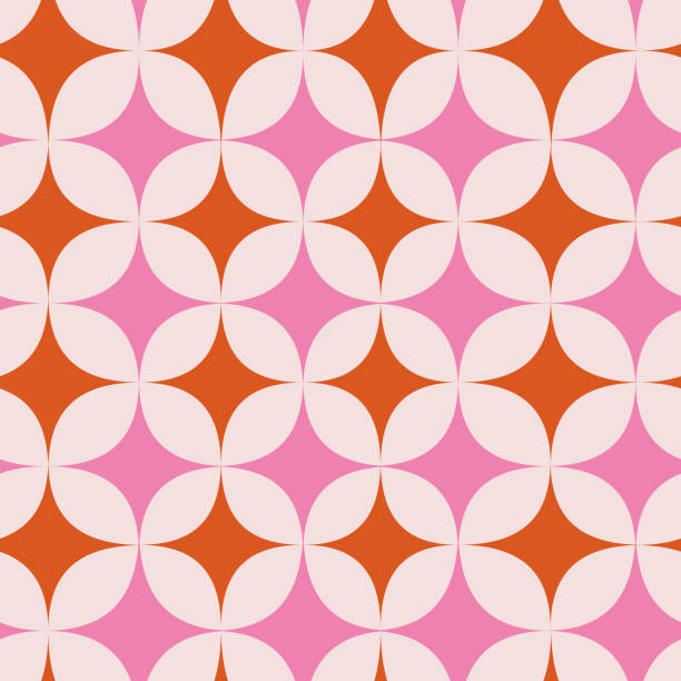 Mid Century Modern starbursts seamless pattern in pink and orange over beige background. For home decor, textile and fabric.