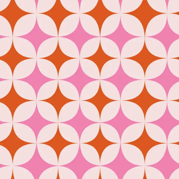 Vector illustration of Mid Century Modern starbursts seamless pattern in pink and orange over beige background.