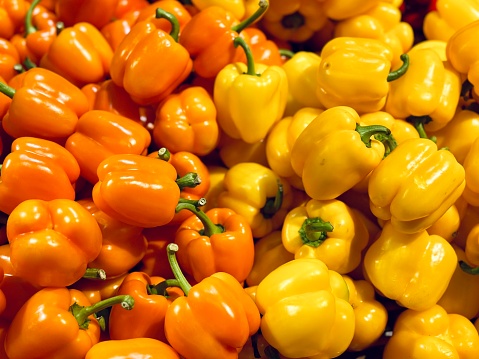 Red, yellow, orange and green peppers shot with very shallow focus.  Color corrected, exported 16 bit depth, retouched and saved for maximum image quality.