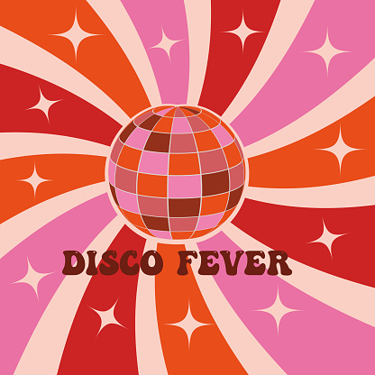 Retro Groovy disco ball in orange, pink, red and brown with sunburst and stars . Disco fever vintage poster for retro 70s parties
