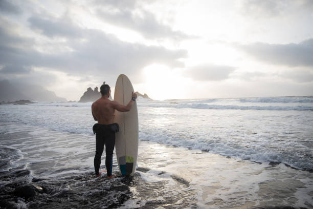 istock Surfer looks at the ocean while holding his surfboard at the beach, view from behind. 1459626741