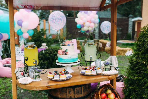 istock Cake with berries and fruits on a festively decorated table.Candy bar 1459630906
