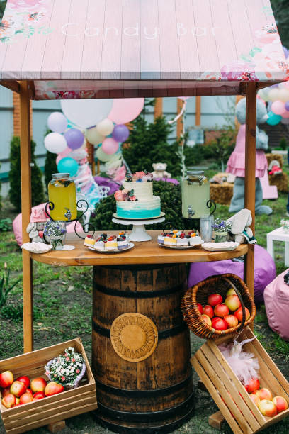 istock Cake with berries and fruits on a festively decorated table.Candy bar 1459630929