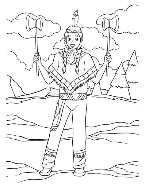 Vector illustration of Native American Indian With Tomahawk Coloring Page