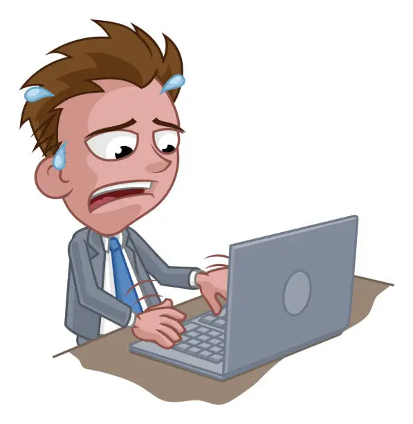 Vector illustration of Stressed Anxious Business Man Using Laptop Cartoon