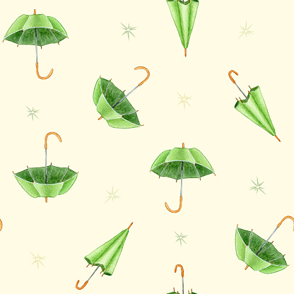 Green Umbrella. Watercolor Seamless Pattern with Green Umbrella. Design for Textile, Wrapping and Stationery