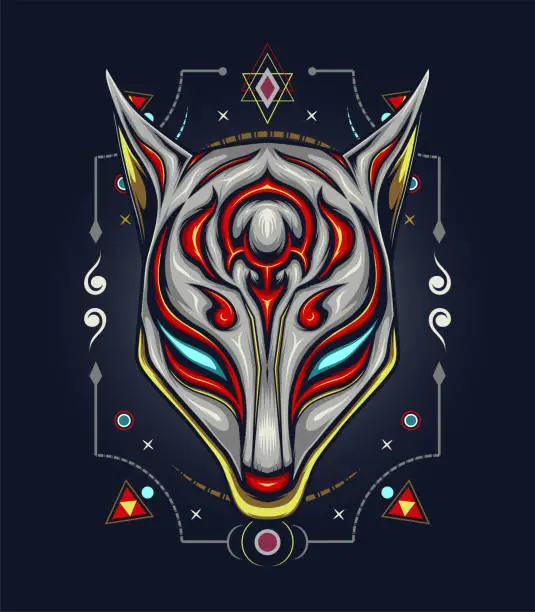 Vector illustration of Sacred Illustration with mask Kitsune on dark background