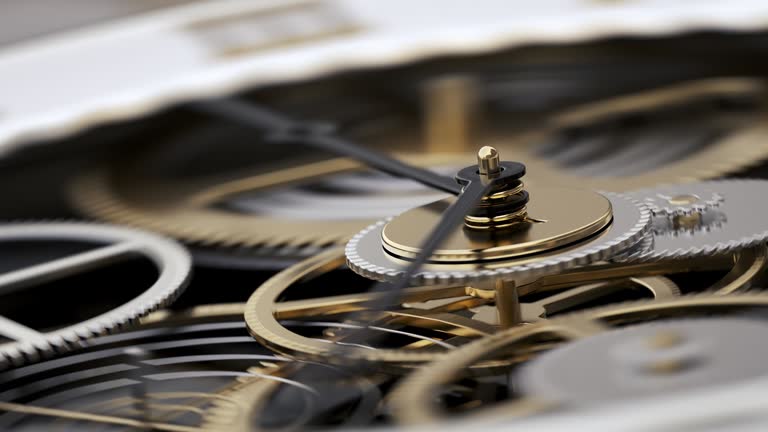 Macro Shot Clock Face and Internal Working Mechanism with Rapidly Rotating Arrow and Gears. Metaphor Time is Money or Life is Fleeting. 4k Realistic 3d Animated Detail Move Watch Cogwheel Close up