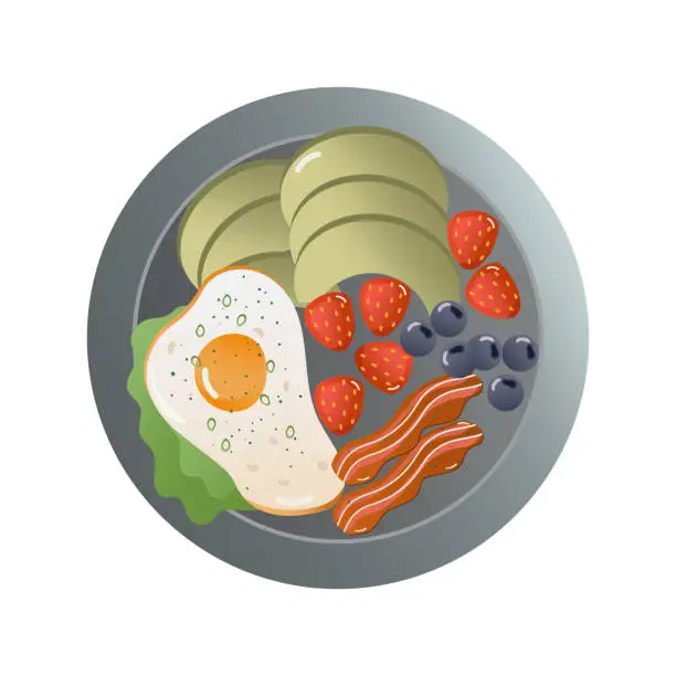 Vector illustration of fried egg with bacon and avocado.
