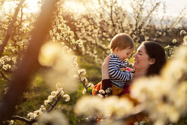 istock Mom and son in a blooming orchard in spring 1459640417