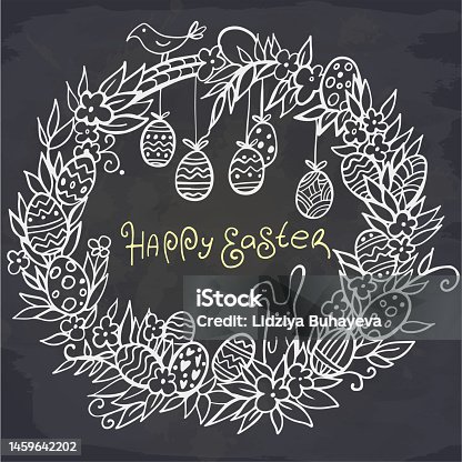 istock Hand drawn easter floral wreath with easter eggs, bunny and bird isolated on chalkboard. 1459642202