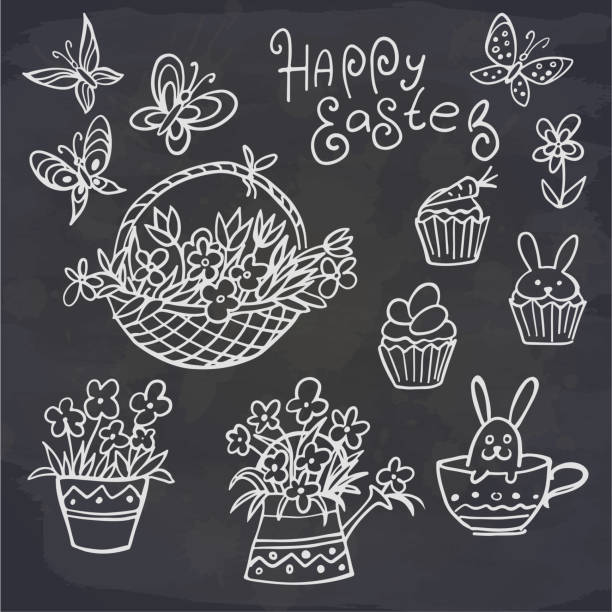 illustrazioni stock, clip art, cartoni animati e icone di tendenza di set di elemetns pasquali doodle isolati alla lavagna. cesto con fiore, coniglio in tazza, fiore, farfalla, torta, candela. - floral pattern butterfly easter easter egg