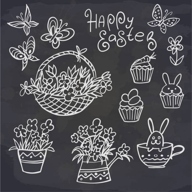 zestaw doodle easter elemetns izolowany na tablicy. kosz z kwiatem, królik w filiżance, kwiat, motyl, ciasto, świeca. - floral pattern butterfly easter easter egg stock illustrations