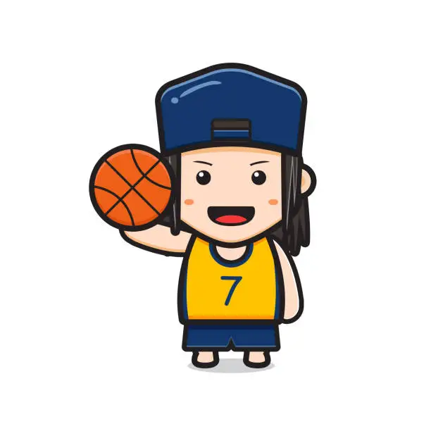 Vector illustration of Cute boy basketball player holding ball cartoon icon vector illustration