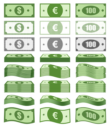 Banknotes, greenback banknote, money pile, stacked cash. Dollar, euro, hundred. Casino bonus, profits and income earnings, vector illustration.