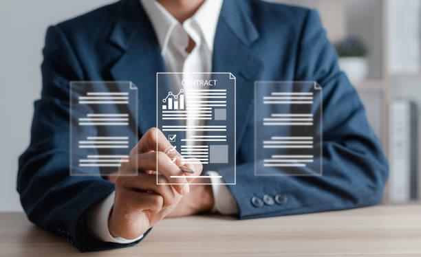 istock Businessman signing electronic documents on virtual interface. Electronic signature concept. 1459654024