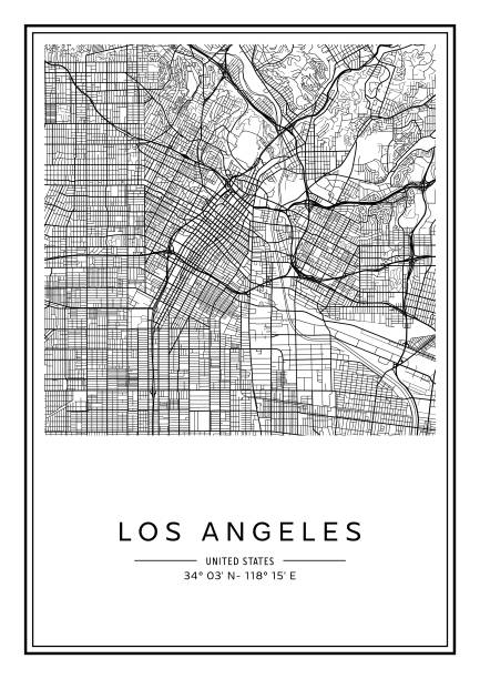 illustrazioni stock, clip art, cartoni animati e icone di tendenza di mappa della città di los angeles stampabile in bianco e nero, design di poster, illistration vettoriale. - central california illustrations