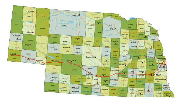 Vector illustration of Highly detailed editable political map with separated layers. Nebraska.