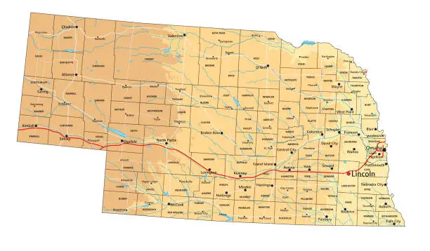 Vector illustration of High detailed Nebraska physical map with labeling.