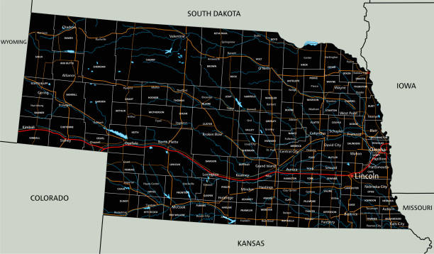 ilustraciones, imágenes clip art, dibujos animados e iconos de stock de hoja de ruta de nebraska altamente detallada con etiquetado. - nebraska omaha nebraska map road