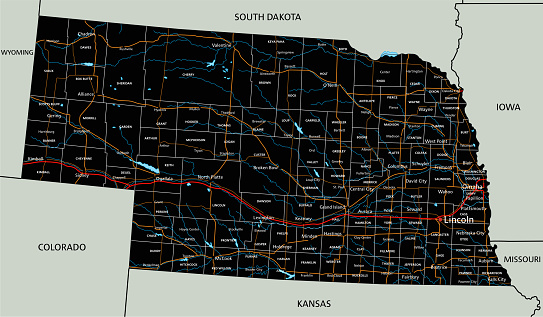 Harding Nebraska Map High Detailed Nebraska Road Map With Labeling Stock Illustration ...