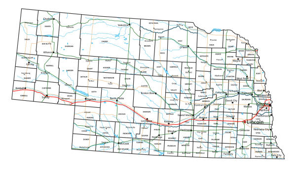 ilustraciones, imágenes clip art, dibujos animados e iconos de stock de mapa de carreteras y autopistas de nebraska. ilustración vectorial. - nebraska omaha nebraska map road