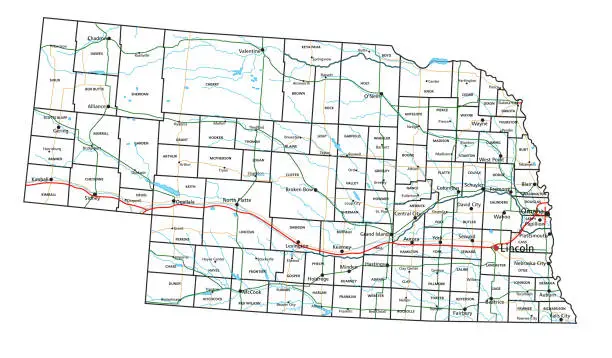 Vector illustration of Nebraska road and highway map. Vector illustration.