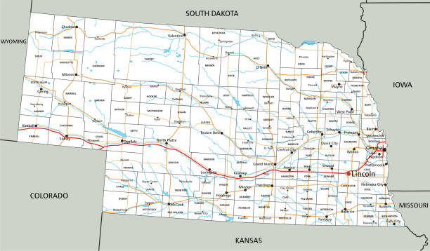 illustrazioni stock, clip art, cartoni animati e icone di tendenza di mappa stradale del nebraska altamente dettagliata con etichettatura. - nebraska lincoln nebraska map physical geography