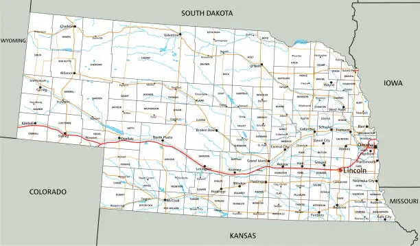 Vector illustration of High detailed Nebraska road map with labeling.