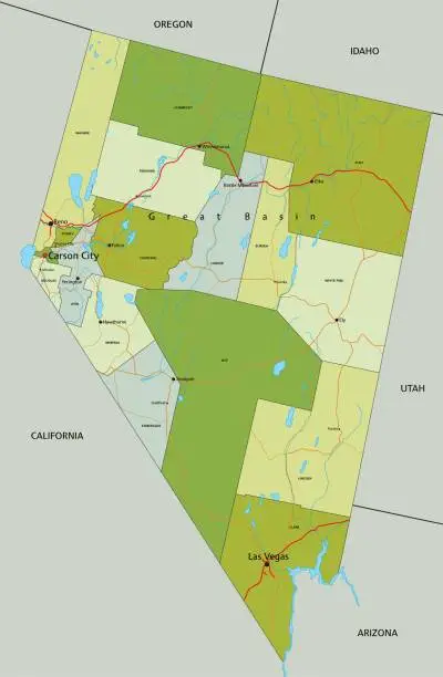 Vector illustration of Highly detailed editable political map with separated layers. Nevada.